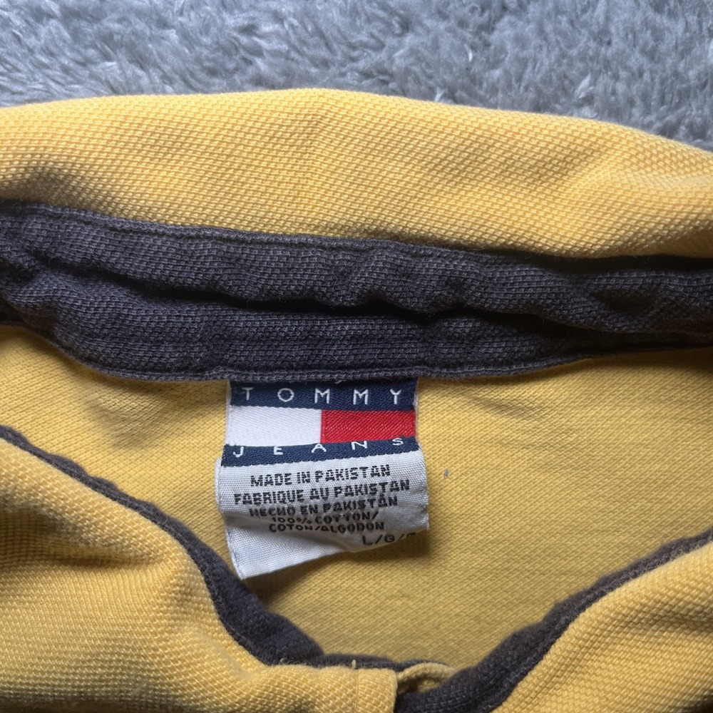 VTG Tommy Hilfiger Jeans Embroidered Denim Polo Yellow Shirt SZ L Short Sleeve - Picture 11 of 16